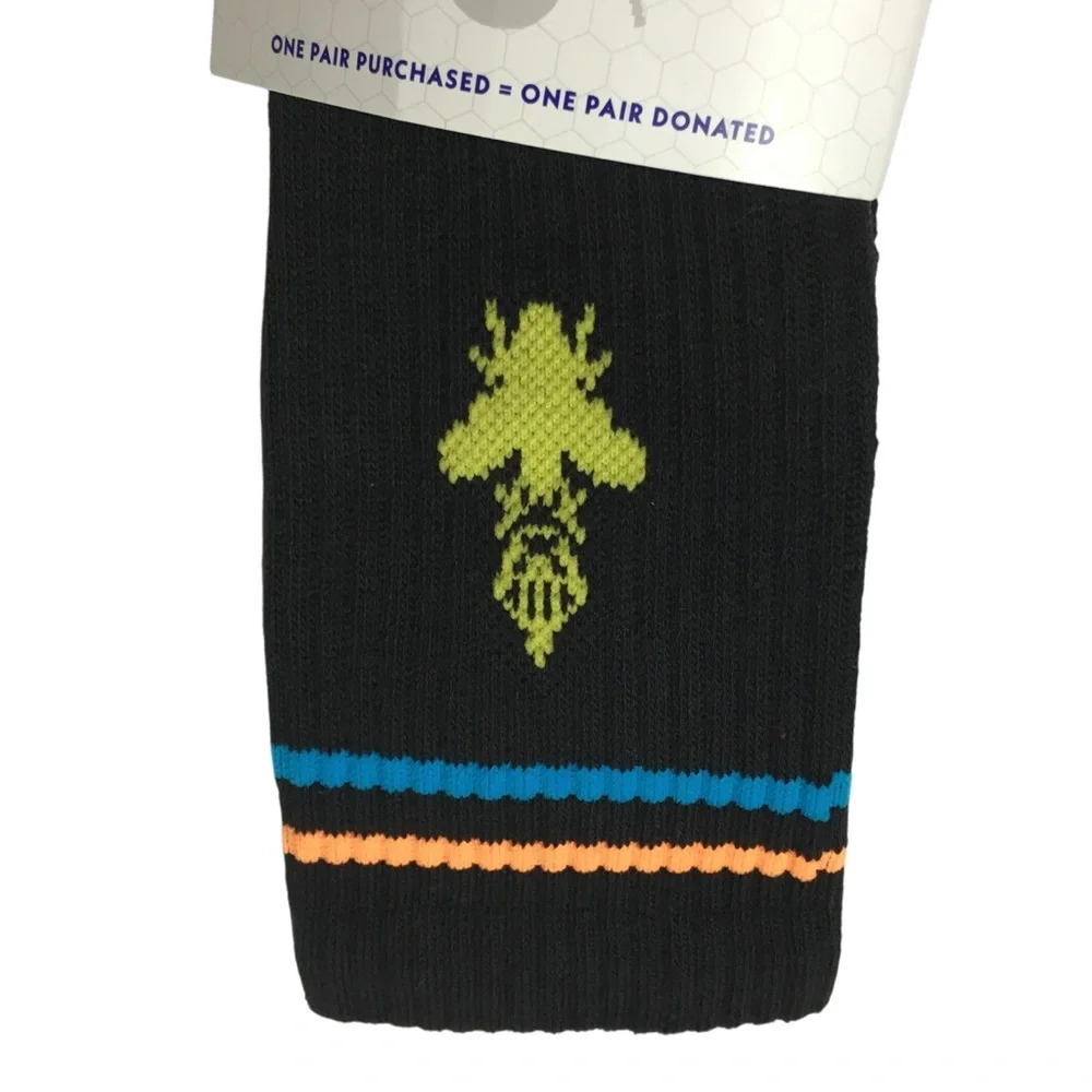BOMBAS Crew Socks Unisex Size Medium Black Yellow Bee Better Stripe Blue Orange